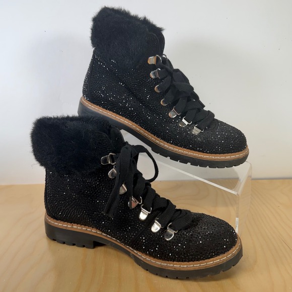Womens Black Embellished Faux Fur Collar Lace Up Ankle Boots - Picture 1 of 6